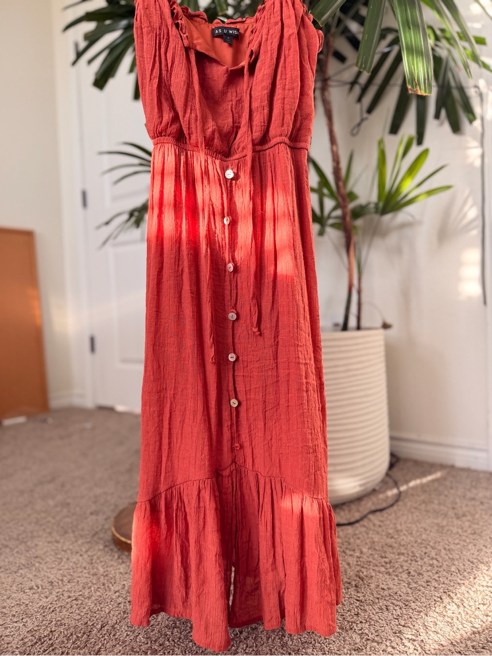 As U Wish Coral Boho Maxi Dress Size S Ruffle Button Front